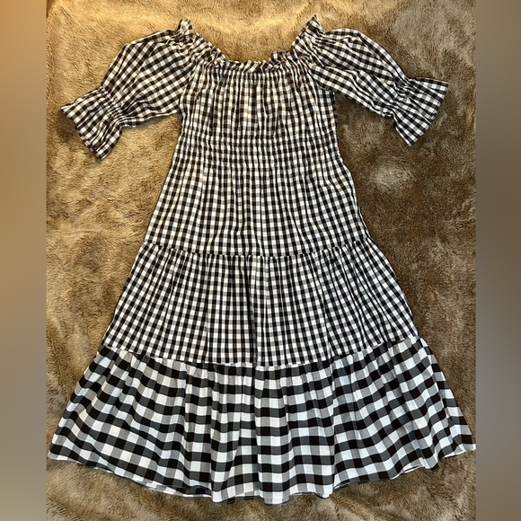 KITRI from Shopbop off-the-shoulder, black + white, gingham, tiered midi-dress. - Picture 5 of 8